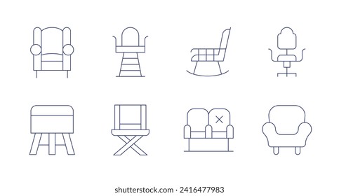 Chair icons. Editable stroke. Containing armchair, stool, lifeguardchair, chair, rockingchair, chairs.