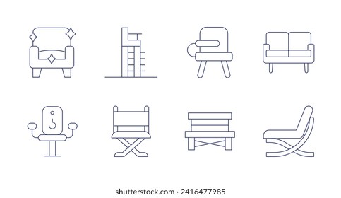 Symbole der Vorsitzenden. Bearbeitbarer Strich. Sessel, Sitz, Liegestuhl, Direktoriumsstuhl, Stuhl, Holzstuhl, Sofa.