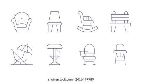 Chair icons. Editable stroke. Containing armchair, seat, chair, rockingchair, deskchair, bench, babychair.