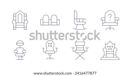 Chair icons. Editable stroke. Containing throne, barber, chair, gamingchair, rockingchair, directorchair, officechair.