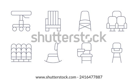 Chair icons. Editable stroke. Containing stool, seat, beachchair, rockingchair, chair, deskchair, highchair.