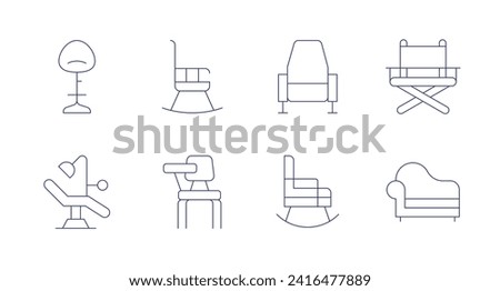 Chair icons. Editable stroke. Containing stool, rockingchair, chair, directorschair, sofa, dentistchair.