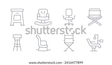 Chair icons. Editable stroke. Containing stool, barstool, chair, rockingchair, deskchair, directorchair, campchair.