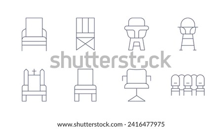 Chair icons. Editable stroke. Containing armchair, throne, beachchair, chair, babychair, salonchair, feedingchair, waitingroom.