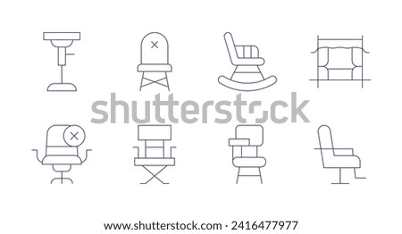 Chair icons. Editable stroke. Containing barstool, novacancy, chair, rockingchair, deskchair, sedanchair, barberchair.