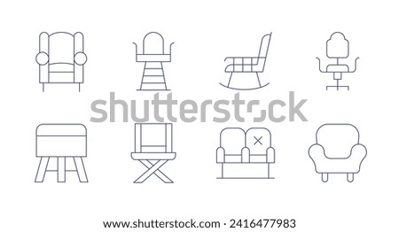 Chair icons. Editable stroke. Containing armchair, stool, lifeguardchair, chair, rockingchair, chairs.