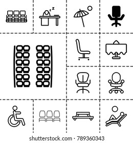 Chair icons. set of 13 editable outline chair icons such as restaurant table, plane seats, table, disabled, man sleeping on table, umbrella