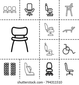 Chair Icons. Set Of 13 Editable Outline Chair Icons Such As Plane Seats, Baby Seat In Car