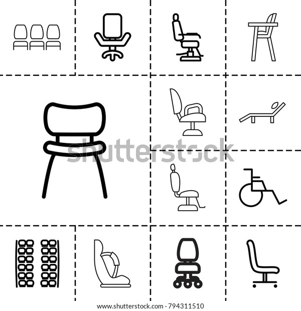 Chair icons. set of 13 editable outline\
chair icons such as plane seats, baby seat in\
car