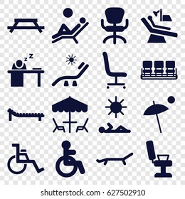 Chair Icons Set. Set Of 16 Chair Filled Icons Such As Disabled, Sunbed, Man Sleeping On Table, Umbrella, Table Under Umbrella, Man Laying In Sun, Man Laying In The Sun