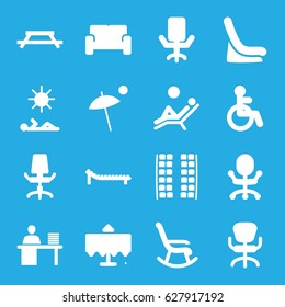 Chair icons set. set of 16 chair filled icons such as restaurant table, disabled, plane seats, baby seat in car, man working at the table, sofa, umbrella, sunbed