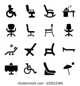 Chair icons set. set of 16 chair filled icons such as restaurant table, disabled, baby seat in car, sunbed, man sleeping on table