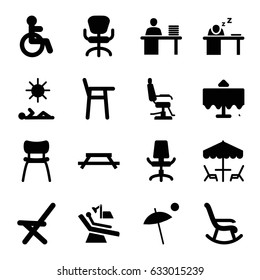 Chair icons set. set of 16 chair filled icons such as restaurant table, disabled, man working at the table, umbrella