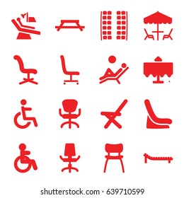 Chair Icons Set. Set Of 16 Chair Filled Icons Such As Restaurant Table, Disabled, Plane Seats, Baby Seat In Car, Table Under Umbrella, Sunbed, Man Laying In The Sun