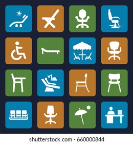 Chair icons set. set of 16 chair filled icons such as sunbed, disabled, man working at the table, umbrella