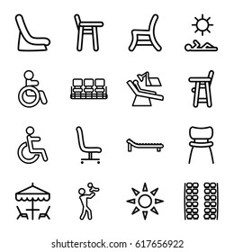 Chair Icons Set. Set Of 16 Chair Outline Icons Such As Disabled, Plane Seats, Baby Seat In Car, Sunbed, Table Under Umbrella, Man Laying In Sun