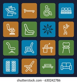 Chair icons set. set of 16 chair outline icons such as disabled, plane seats, baby seat in car, man sleeping on table, sofa, sunbed, table