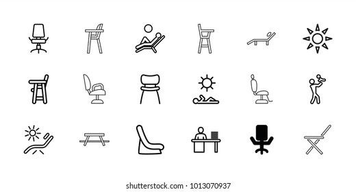 Chair icons. set of 18 editable outline chair icons: baby seat in car, sunbed, father with baby, man working at the table, man laying in sun, man laying in the sun