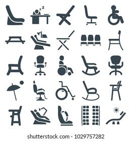 Chair icons. set of 25 editable filled chair icons such as disabled, plane seats, baby seat in car, sunbed, table, man sleeping on table