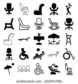 Chair Icons. Set Of 25 Editable Filled And Outline Chair Icons Such As Disabled, Sunbed, Umbrella, Table Under Umbrella, Man Laying In The Sun, Baby Seat In Car