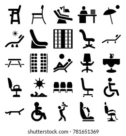 Chair icons. set of 25 editable filled chair icons such as disabled, plane seats, baby seat in car, sunbed, man working at the table, umbrella, man laying in sun