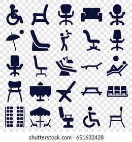 Chair Icons Set. Set Of 25 Chair Filled Icons Such As Restaurant Table, Disabled, Plane Seats, Baby Seat In Car, Sofa, Sunbed, Umbrella, Table Under Umbrella