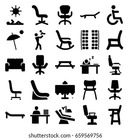 Chair icons set. set of 25 chair filled icons such as restaurant table, plane seats, baby seat in car, disabled, man working at the table, sofa, sunbed, umbrella