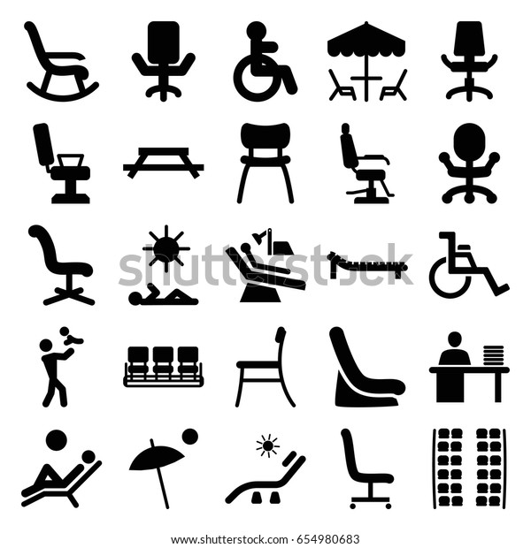 Chair icons set. set of 25\
chair filled icons such as disabled, plane seats, baby seat in car,\
sunbed, man working at the table, umbrella, table under\
umbrella