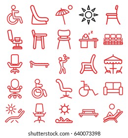 Chair icons set. set of 25 chair outline icons such as disabled, baby seat in car, sunbed, man sleeping on table, sofa, umbrella, table under umbrella, man laying in sun