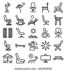 Chair Icons Set. Set Of 25 Chair Outline Icons Such As Restaurant Table, Disabled, Plane Seats, Baby Seat In Car, Sunbed, Umbrella, Table Under Umbrella, Man Laying In Sun