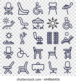 Chair Icons Set. Set Of 25 Chair Outline Icons Such As Restaurant Table, Disabled, Plane Seats, Baby Seat In Car, Sunbed, Umbrella, Table Under Umbrella, Man Laying In Sun