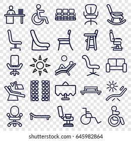 Chair icons set. set of 25 chair outline icons such as restaurant table, disabled, plane seats, baby seat in car, sunbed, man working at the table, sofa, man laying in the sun