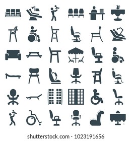 Chair icons. set of 36 editable filled chair icons such as restaurant table, disabled, plane seats, table, father with baby, sofa, sunbed