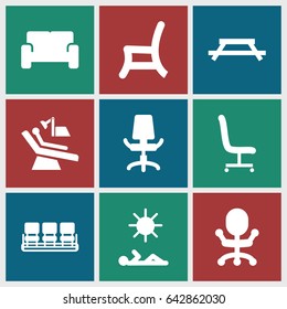 Chair icons set. set of 9 chair filled icons such as sofa, man laying in sun