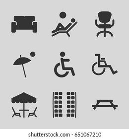 Chair icons set. set of 9 chair filled icons such as plane seats, disabled, sofa, umbrella, table under umbrella, man laying in the sun