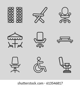 Chair icons set. set of 9 chair outline icons such as plane seats, disabled, table under umbrella