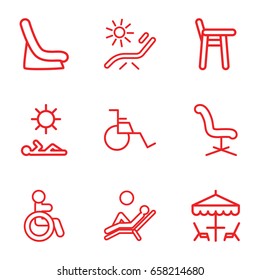 Chair icons set. set of 9 chair outline icons such as disabled, baby seat in car, sunbed, table under umbrella, man laying in sun