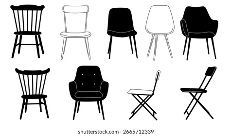 Conjunto de iconos de silla, siluetas de Vector negro para muebles, interior y diseño de decoración del hogar