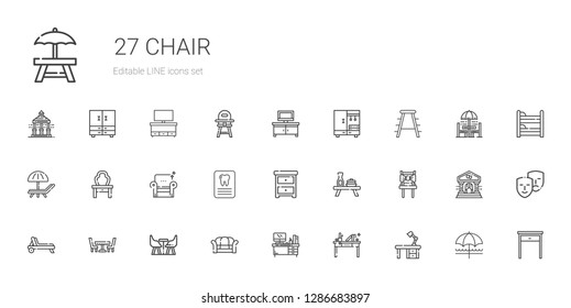 chair icons set. Collection of chair with desk, sofa, furniture, table, deck chair, nightstand, dentist, armchair, dressing table, sunbed, stool. Editable and scalable icons.