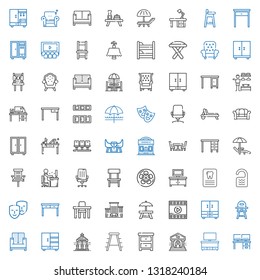 chair icons set. Collection of chair with desk, cupboard, theater, nightstand, stool, veranda, closet, sofa, baby chair, film, rest area, office. Editable and scalable icons.