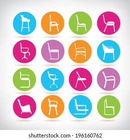 chair icons set, interior furniture buttons set