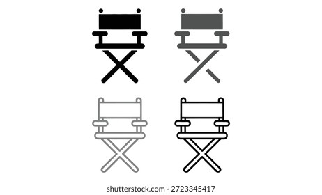 Iconos de la silla del director establecidos en estilos sólidos, delineados y en escala de grises, Ilustración vectorial para el cine, el cine, la producción y conceptos de diseño creativo