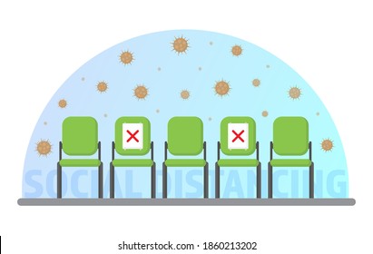 Chair icons. Social distancing. Medical concept. Corona virus. Covid19. Virus icon surround with blue gradient background. Spaced sitting. Health care. Cross symbol on paper stick on chair. 