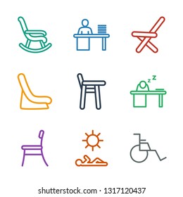 Chair Icons. Trendy 9 Chair Icons. Contain Icons Such As Wheel Chair, Man Laying In Sun, Man Sleeping On Table, Baby Baby Seat In Car, Outdoor Chair. Icon For Web And Mobile.