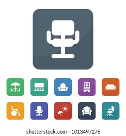 Chair icons. vector collection filled chair icons such as armchair, chair, cinema hall, sofa, wheelchair, beach umbrella