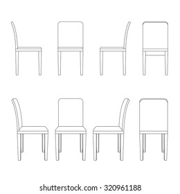 Chair Illustration Outline, Perspective 3d Front Back And Side Views Black And White Color