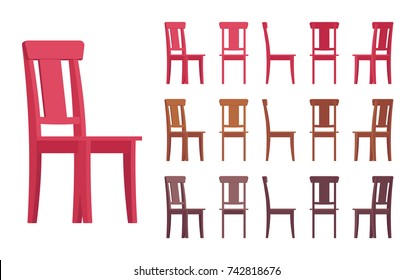 Chair Interior Set. Traditional Country Look Dining Setting, Elegant Wood Decor. Different Colors, Positions. Vector Flat Style Cartoon Illustration Isolated On White Background