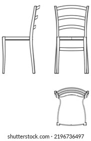 Chair isolated lines on white background, vector illustration. Front, side, top view. Set of different views of modern chair