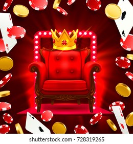Chair King Casino. Flying falling poker cards with playing chips and coins. Vector illustration