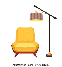 Chair and lamp, furniture of living room interior vector illustration. Cartoon isolated classic armchair and lampshade on stand, retro fashion decor for home apartment and equipment for relax